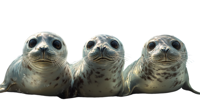 Three Adorable Seals with Expressive Eyes and Whiskers Perfect for Wildlife Nature and Anima