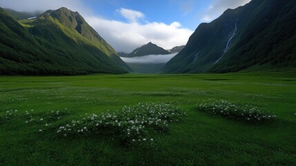 Lush valley, mountains, and clouds.  A verdant meadow stretches between towering, forested peaks, bathed in morning light, with clouds clinging to the mountaintops