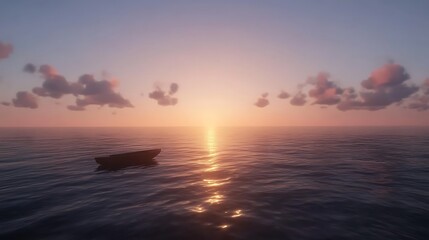 Obraz premium A serene sunset over calm waters with a small boat silhouetted against the horizon.