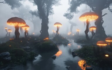 A mystical swamp with foggy marshes, twisted trees, and glowing giant fungi in a procedural landscape.