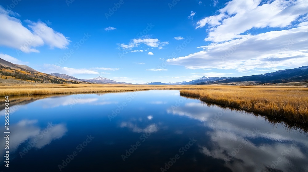Aufkleber expansive scenic view of a peaceful lake surrounded by mountains against a bright blue sky with whit