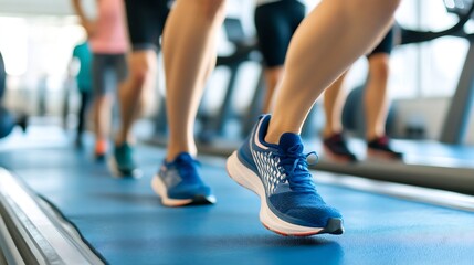 Close up of athletic feet running on treadmill in modern gym facility focusing on sports performance : Generative AI