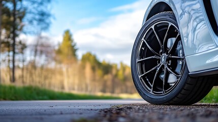 Stylish black sports car wheel on a rural road with blurred trees in the background : Generative AI