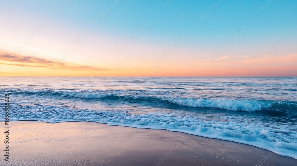 Poster serene sandy beach at sunset capturing soft waves and vibrant colors creating a peaceful retreat : g