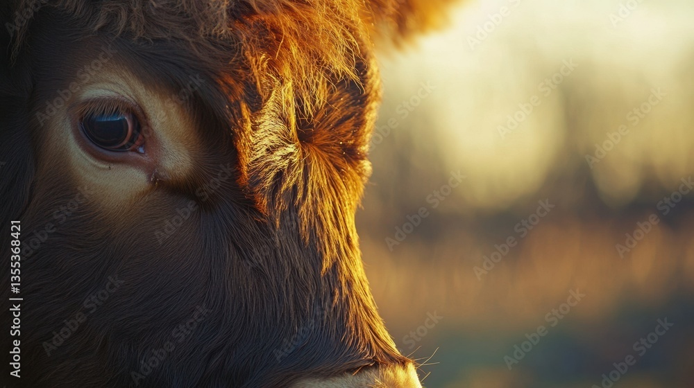 Poster close-up view of a cows face showing soft fur textures and warm sunlight highlighting rural farm amb