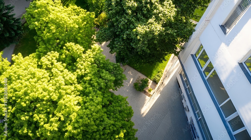 Poster aerial view of vibrant green trees and paved pathway in a sunny urban park : generative ai