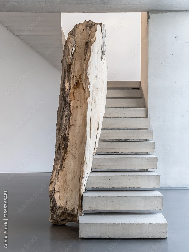 Poster unique modern architecture with a striking rock sculpture and minimalist staircase design : generati
