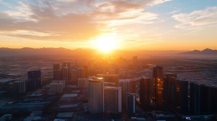 Fototapeta premium Breathtaking aerial view of a vibrant city skyline at sunset with warm golden hues illuminating buildings : Generative AI