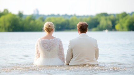 Couple sits in shallow water, backs to viewer, on a lake, wedding ceremony, serene, outdoors