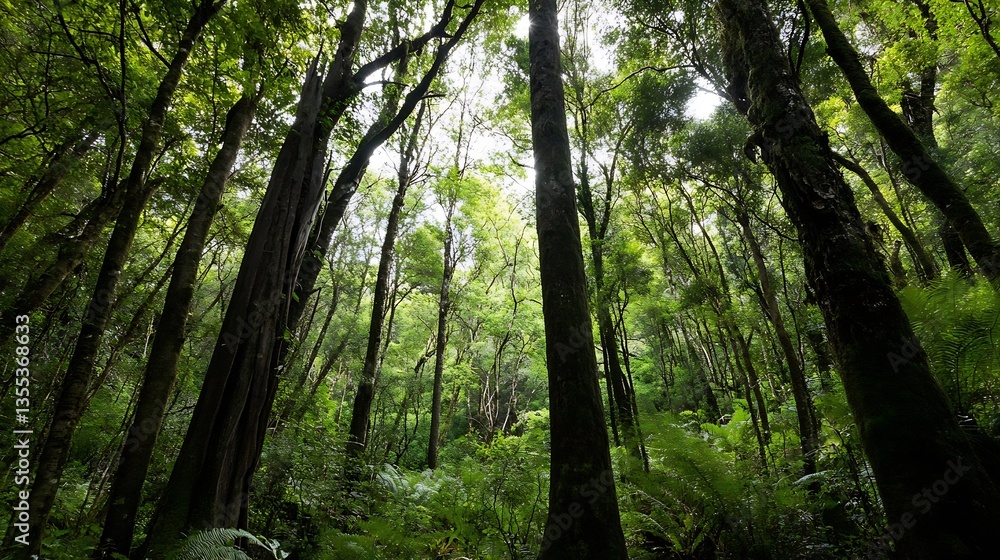 Poster lush green forest captured from below with towering trees under bright natural light : generative ai