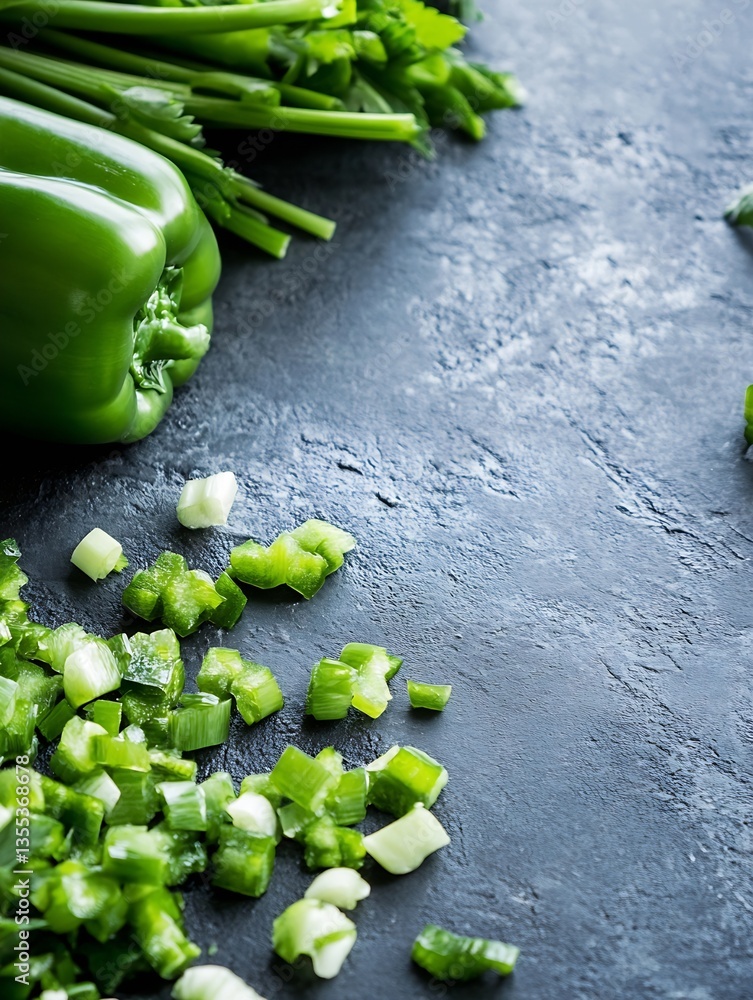 Aufkleber fresh green pepper and chopped vegetables displayed on a dark surface demonstrating a vibrant culina
