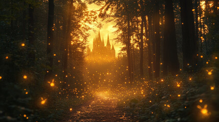 Naklejka premium A magical forest path illuminated by fireflies leads to a stunning castle in the distance.
