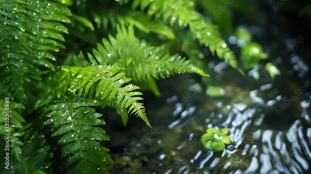 Aufkleber lush green ferns with droplets of water surrounded by a peaceful stream in nature : generative ai