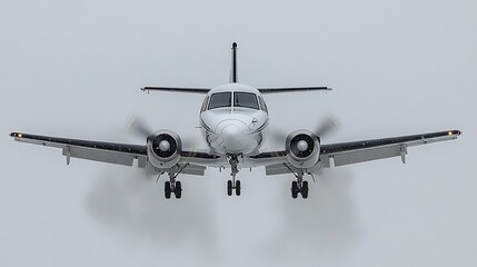 A small airplane descends through a cloudy snowy environment gracefully