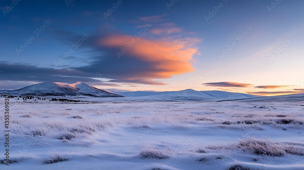 Poster stunning panoramic view of snowcovered hills and a dramatic sky displaying the colors of a vibrant s