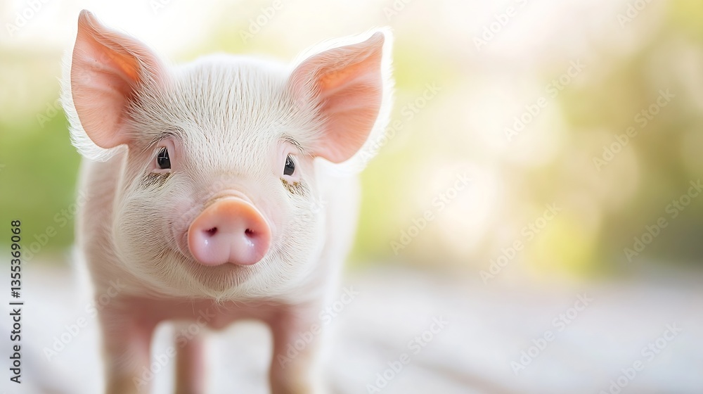 Poster adorable cute piglet looking at the camera in a bright and cheerful farmyard setting : generative ai