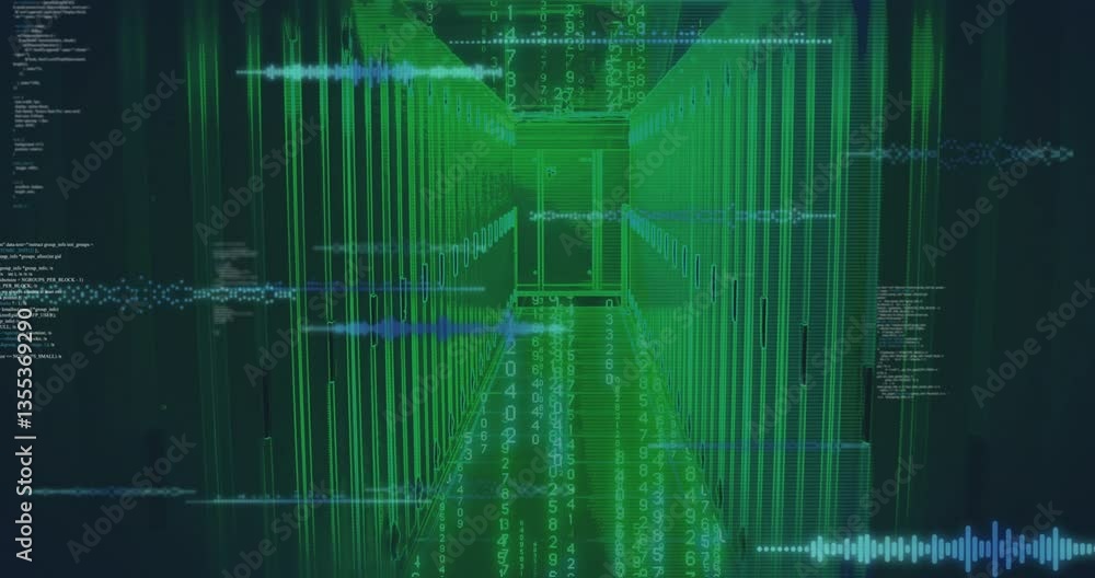 Poster digital data streams and binary code animation over futuristic green corridor