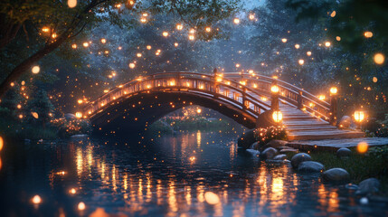 Fototapeta premium A wooden bridge adorned with glowing lanterns crosses a tranquil river under a magical, mystical sky.