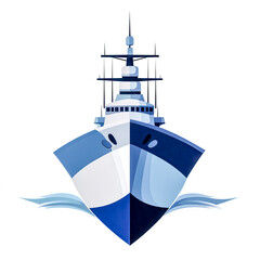 Modern warship sailing on calm water with white background