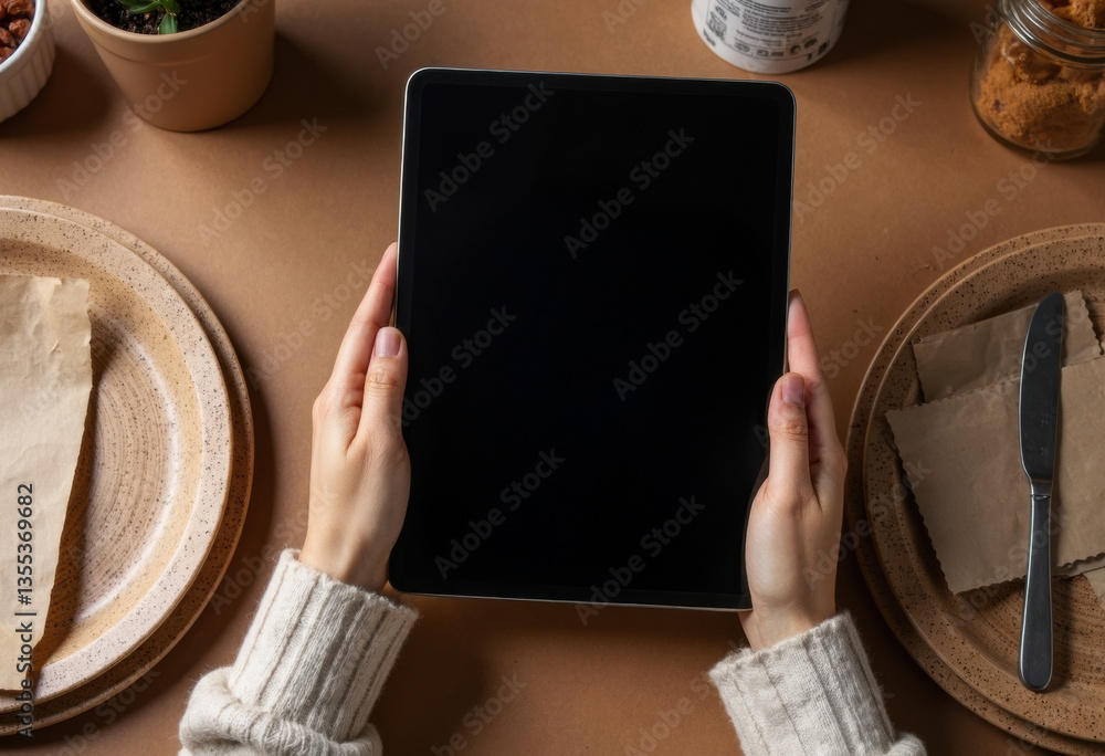 Poster hands holding a tablet over a rustic dining table setting with plates