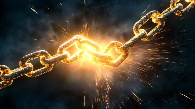 Dynamic animation of a glowing chain link breaking, showcasing strength and resilience