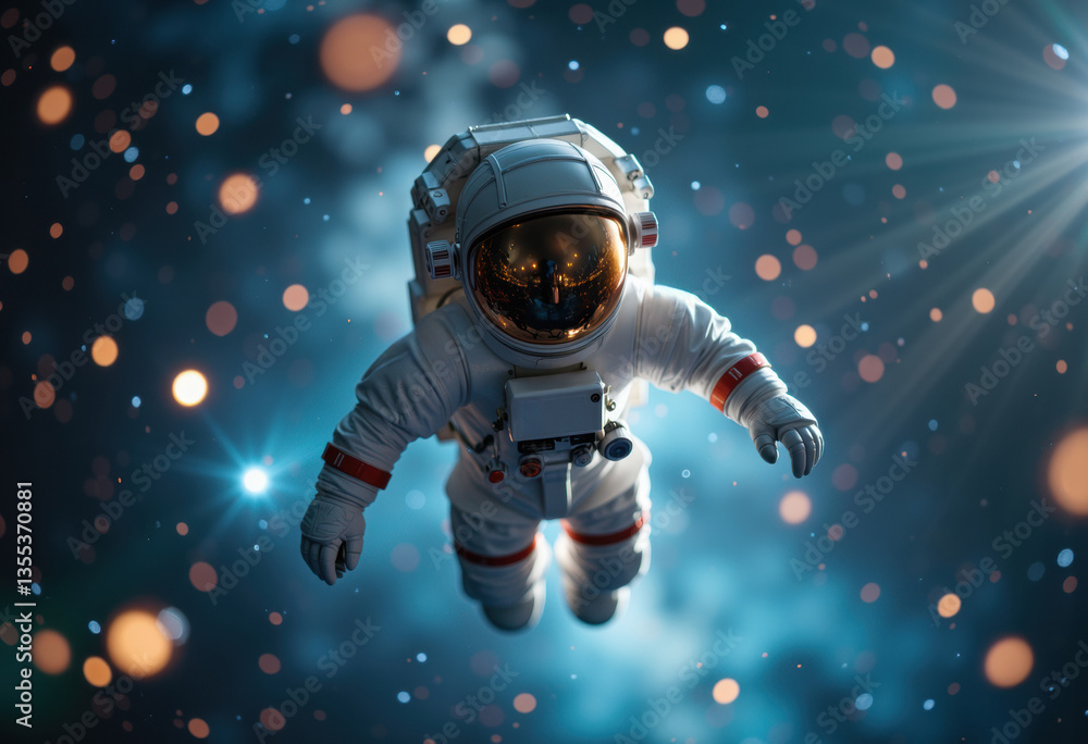 Poster an astronaut floating in space surrounded by colorful stars and light