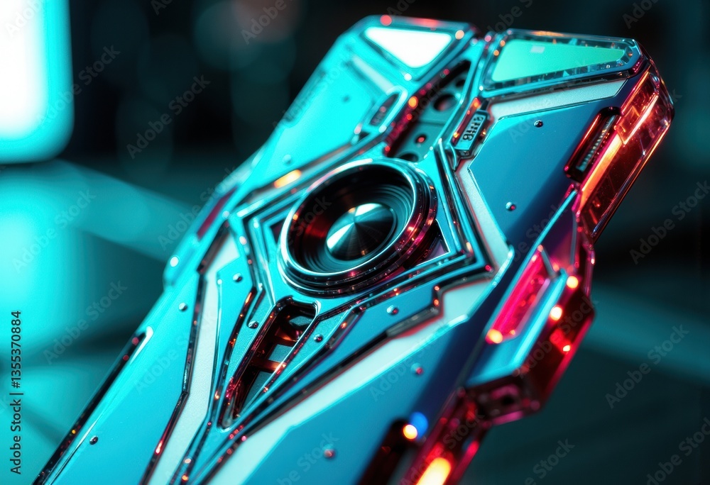 Poster close-up of a futuristic smartphone case with vibrant colors and intricate design