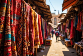 Naklejka premium Colorful textiles hanging in a vibrant market, showcasing traditional patterns