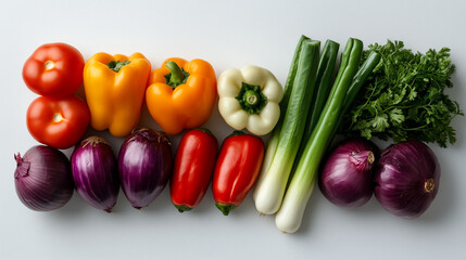 Colorful array of fresh vegetables arranged for a vibrant culinary creation in a bright kitchen setting