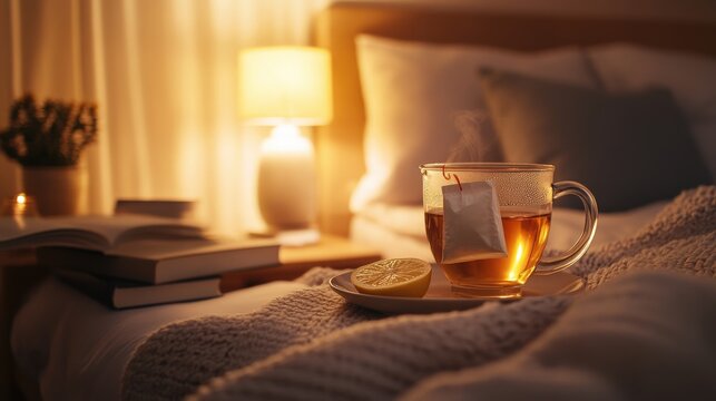 A steaming cup of tea rests next to a bed at night