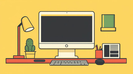 Office flat poster vector illustration. Gadgets and tools for office work. The graphic design forum. Desktop computer with mouse and keyboard, graphic tablet with stylus pen, lamp, cactus.