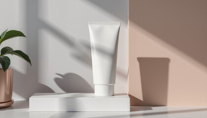 Minimalist mockup of white cream tube against soft pastel background  