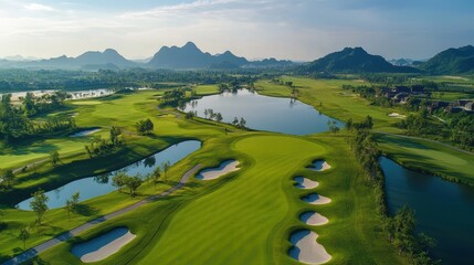 Fototapeta premium Scenic aerial view of a golf course with lakes and mountains in the distance. Use this image to promote travel, sports or real estate development.