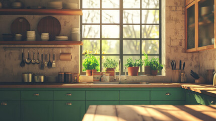 "Wide shot of an empty, cozy kitchen adorned with Indian-style decor. A stylish traditional South Asian home featuring utensils and a wide window that lets in the warmth and light of spring. 