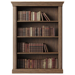 Vintage wooden bookshelf filled with leather-bound books