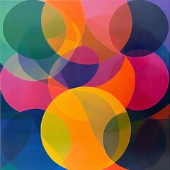 bold abstraction with overlapping translucent circles in vibrant colors, dynamic depth, clean and structured design, eye-catching palette