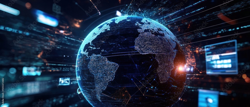 Poster digital globe representation showcasing global connectivity and data flow
