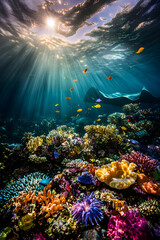 Fototapeta premium Vivid Underwater Coral Reef Ecosystem: A Symphony of Marine Life and Ecological Harmony
