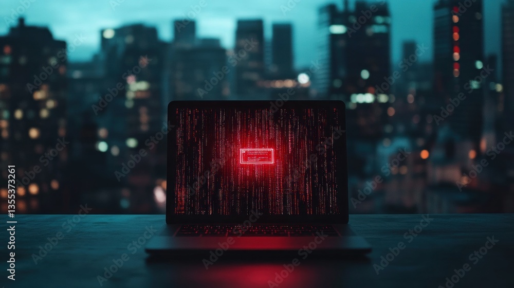 Poster laptop displaying red error message against city skyline backdrop
