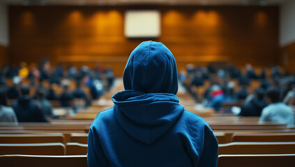 Engaged student listens attentively in a lecture hall filled with eager learners during a vibrant academic session