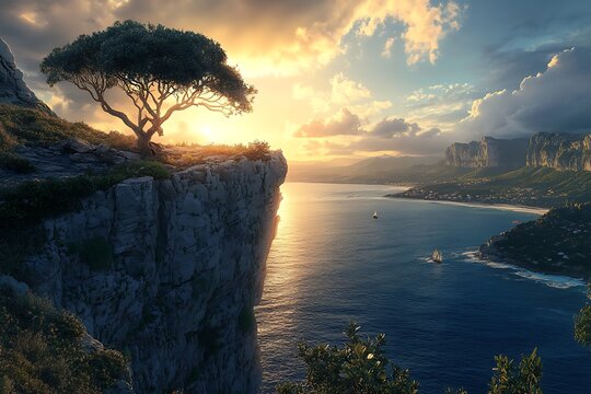 A serene sunset over a coastal landscape with a lone tree on a cliff. - Powered by Adobe