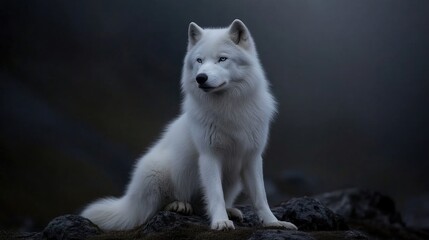 Obraz premium Majestic white wolf, serene posture, mist-shrouded backdrop