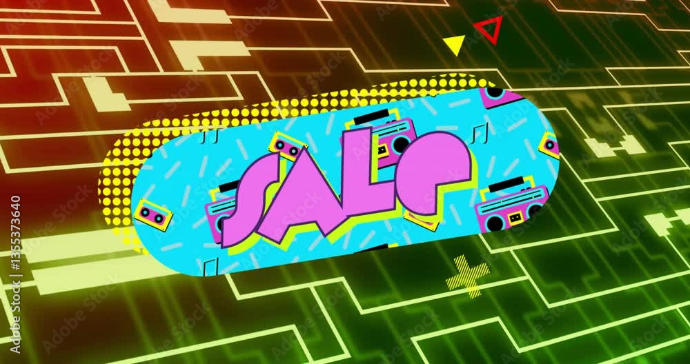 Aufkleber colorful sale text with retro patterns over digital circuit animation