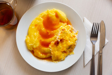 Chicken breast with mushroom sauce and mashed potato. Ukrainian or Belarusian cuisine