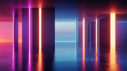 Futuristic Neon Hallway with Reflective Floor and Vibrant Lighting Effects