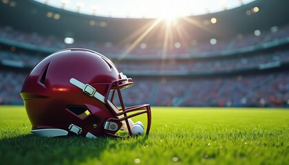 Maroon football helmet rests on bright green field at stadium. Blurred background with audience. Super Bowl game day concept. Event on sunny day. Ready for action, competition, celebration, winning