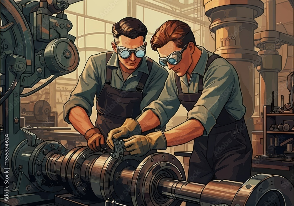 Poster two engineers working together on a mechanical component in a workshop