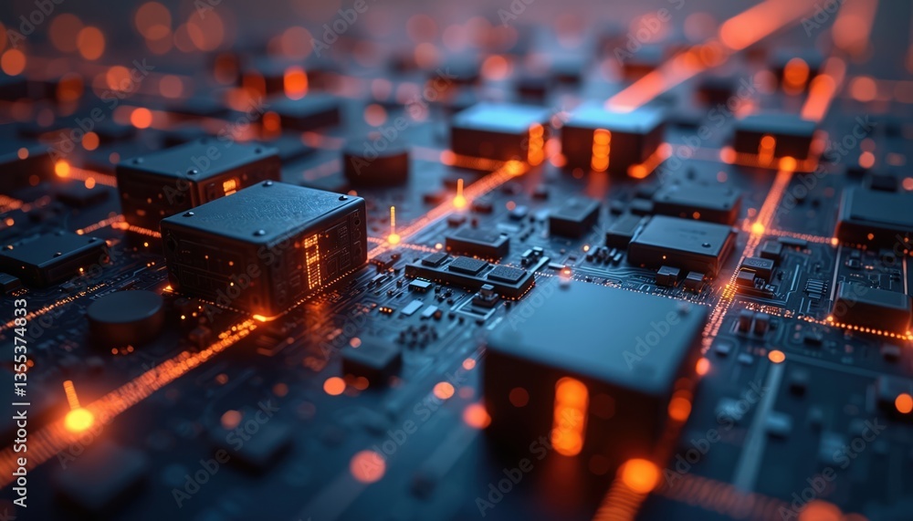 Aufkleber Electronic circuit board with processors, orange glowing data streams. Tech concept blockchain, digital ledger, secure network, data management, cyber security, cloud computing, innovation, AI.