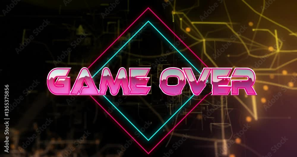 Poster animation of game over text with neon geometric shapes on digital background