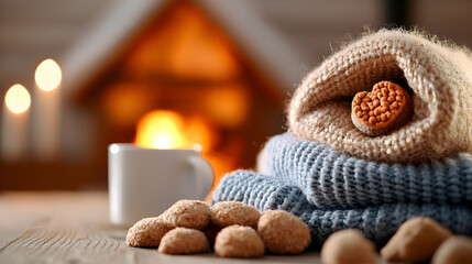 Cozy Winter Scene with Knitted Sweaters and Treats by Fireplace
